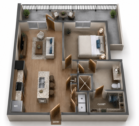 Floor plan for 1 bed, 1 bath, 700 sqft